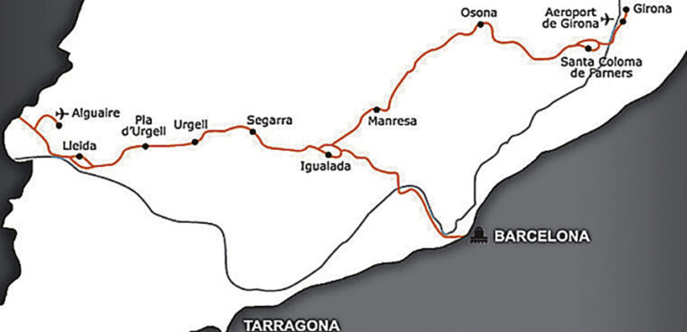 Mapa de l'Eix Transversal Ferroviari de Catalunya.